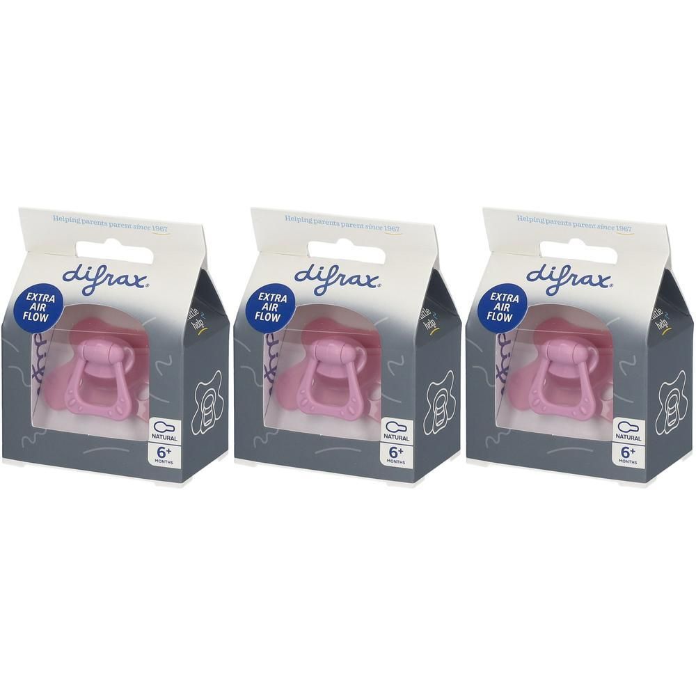 Drie Difrax fopspenen in roze, 6+ maanden, met "Extra Air Flow"-functie, in individuele verpakkingen.
