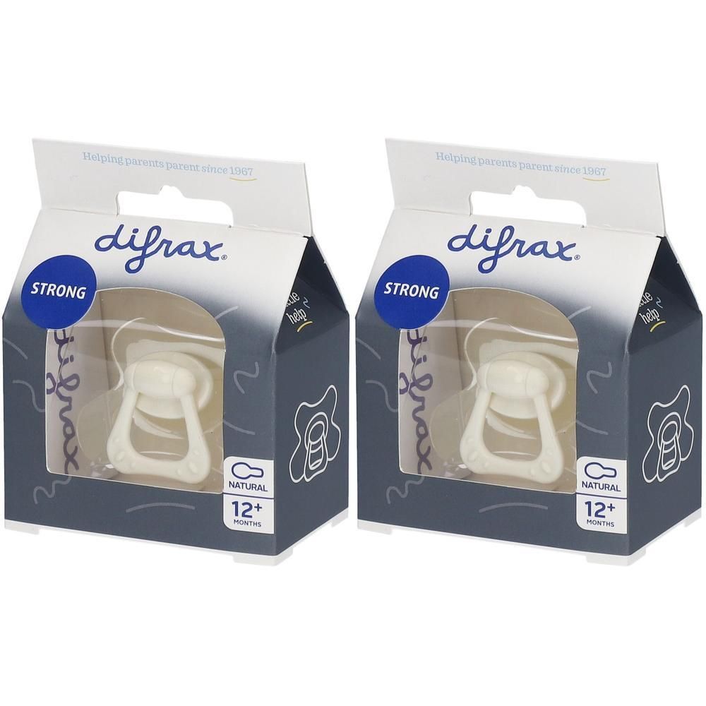 Twee Difrax fopspenen, 12+ maanden, Natural, Strong.