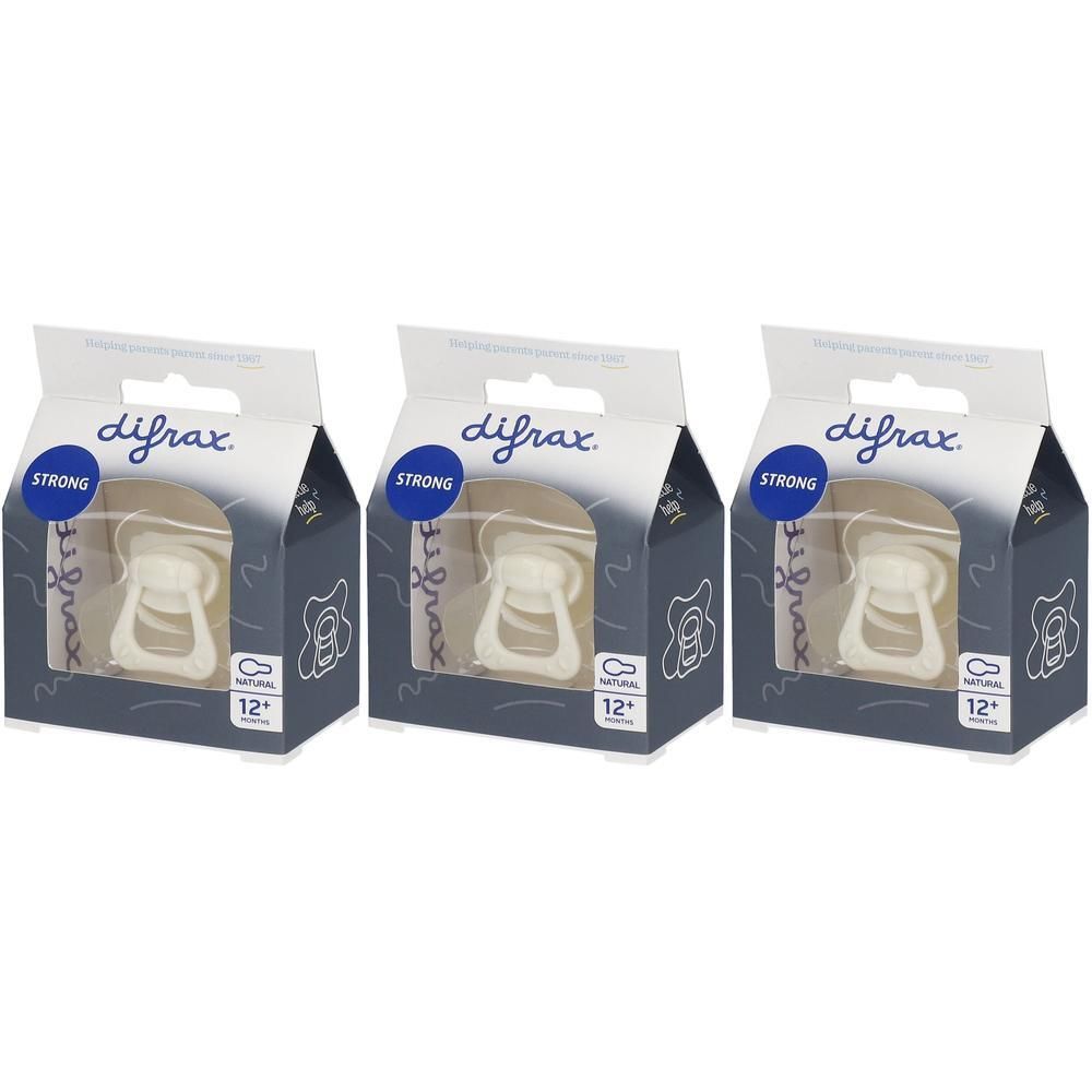Drie Difrax fopspenen in verpakking, 12+ maanden, Natural, Strong.