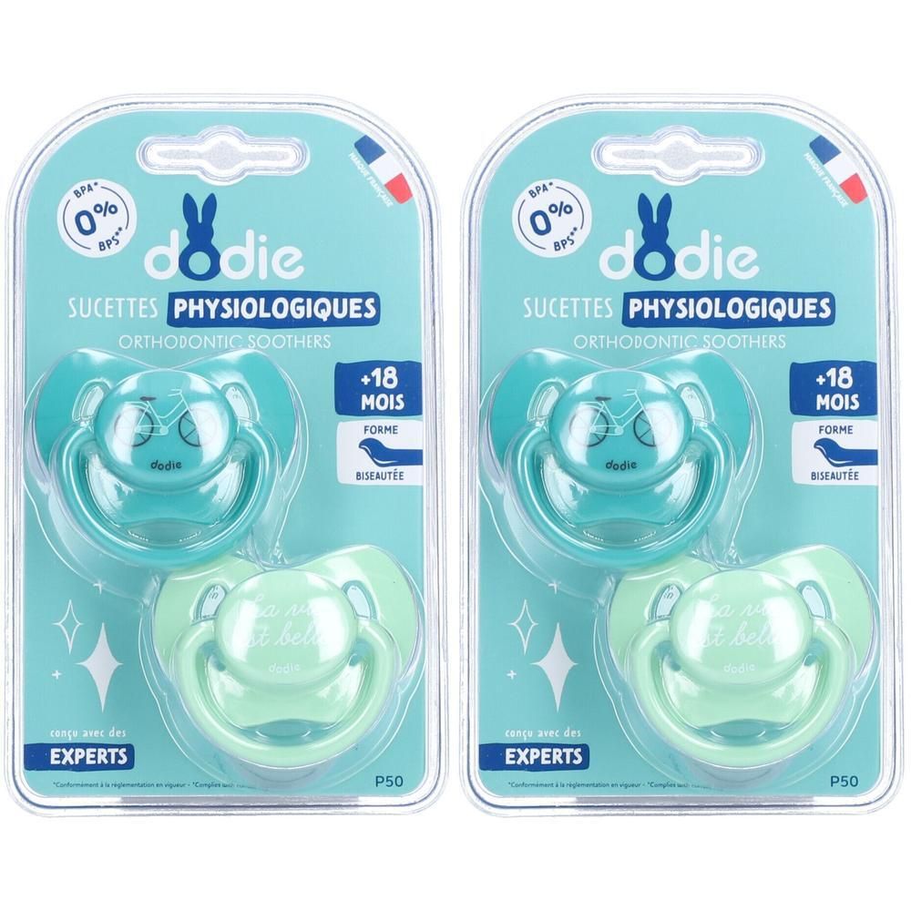 Deux sucettes physiologiques Dodie en silicone +18 mois, sans BPA.