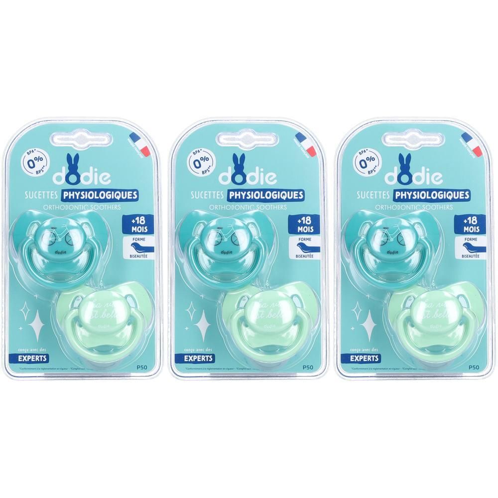 Twee siliconen fopspenen voor baby's van 18+ maanden, anatomische vorm, in turquoise en mintgroen.