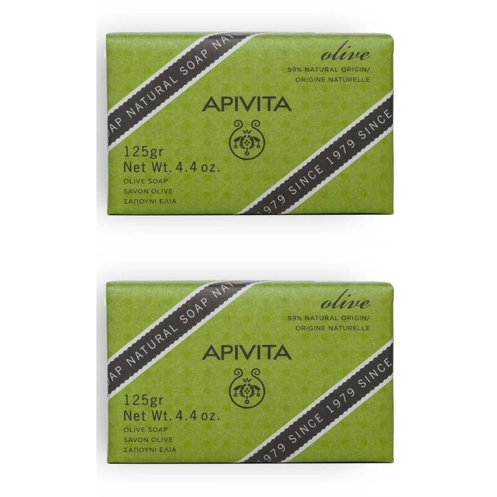 Deux paquets de savon verts avec motif olive. Marque: APIVITA. Poids: 125g.