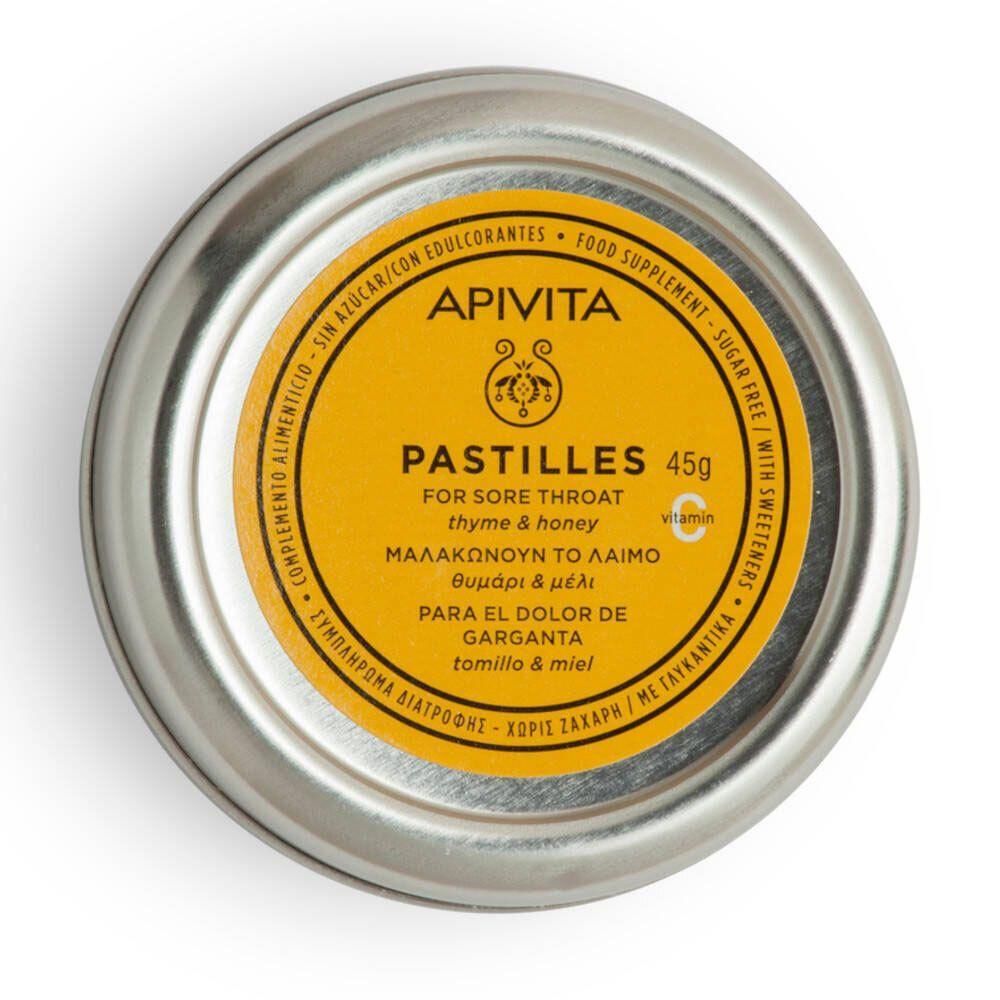 Apivita Pastilles Thym & Miel pour mal de gorge, 45g. Sans sucre avec édulcorants.