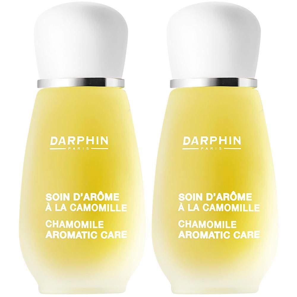 Twee flessen Darphin Aromatic Care Kamille, gele vloeistof, witte doppen.