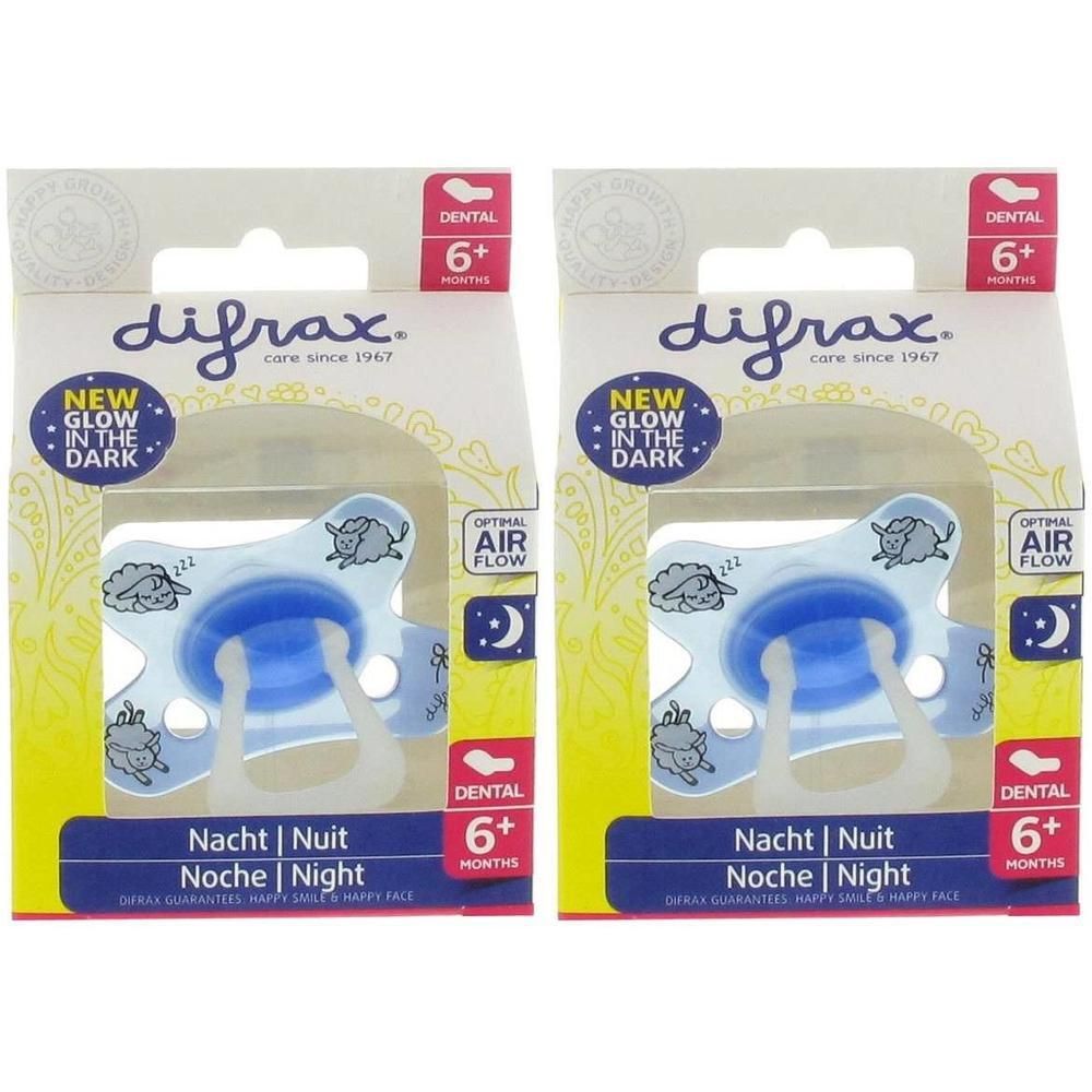 Deux sucettes Difrax Dental Nuit, 6+ mois, bleues, avec fonction "Glow in the Dark".