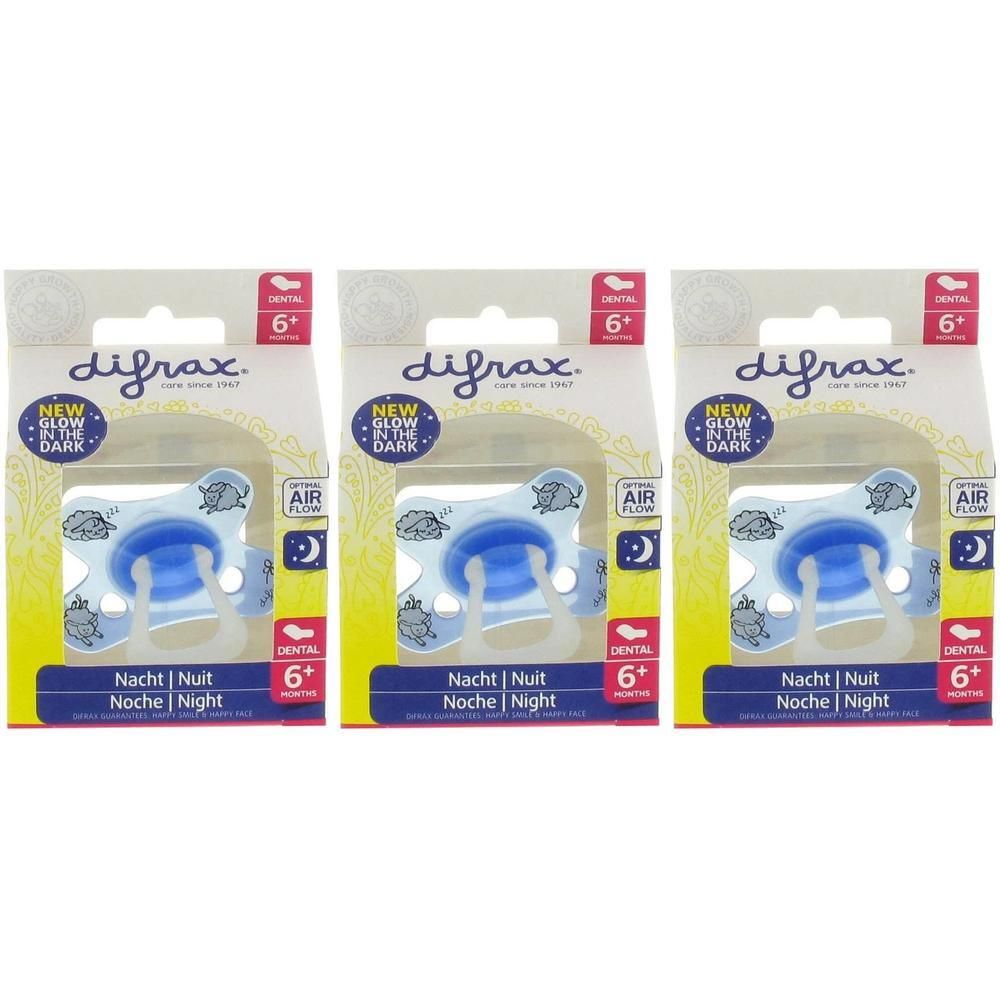 Drie Difrax Dental Glow in the Dark spenen voor 6+ maanden. Blauw met schildpadmotief.