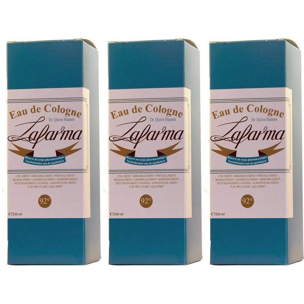 Drie dozen LAFARMA 92° Eau de Cologne met blauwe accenten en een wit etiket.