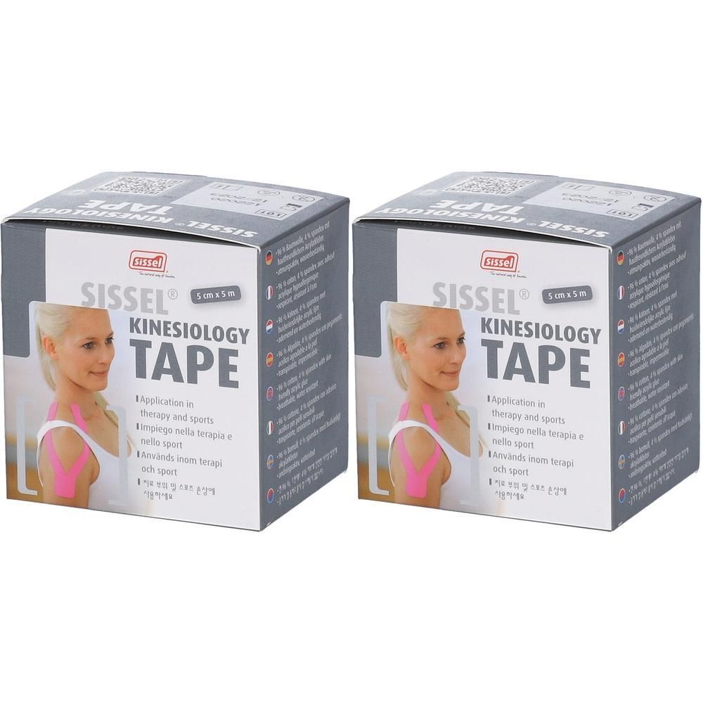 Twee dozen Sissel Kinesiologie Tape, 5 cm x 5 m, Roze. Een vrouw met roze tape op haar nek is afgebeeld.