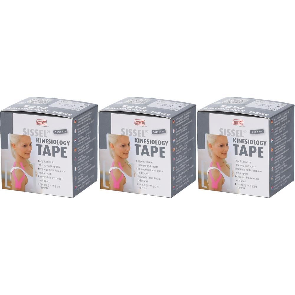 Drie dozen Sissel Kinesiologie Tape, 5 cm x 5 m, Roze. Elke doos toont een vrouw met roze tape.