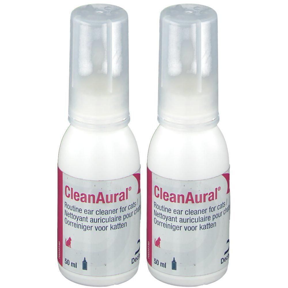 Twee flacons CleanAural oorreiniger voor katten, elk 50 ml.