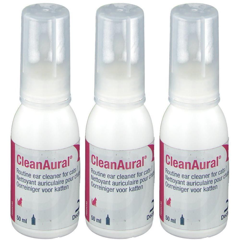 Drie flacons CleanAural oorreiniger voor katten, elk 50 ml.