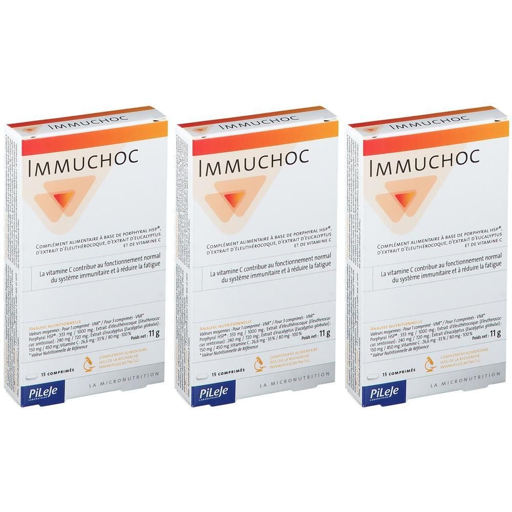Drie verpakkingen Immuchoc voedingssupplement met vitamine C, 11g per verpakking.