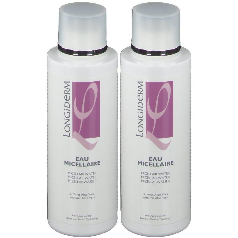 Deux flacons de LongiDerm Eau Micellaire avec logo violet et bouchon blanc.