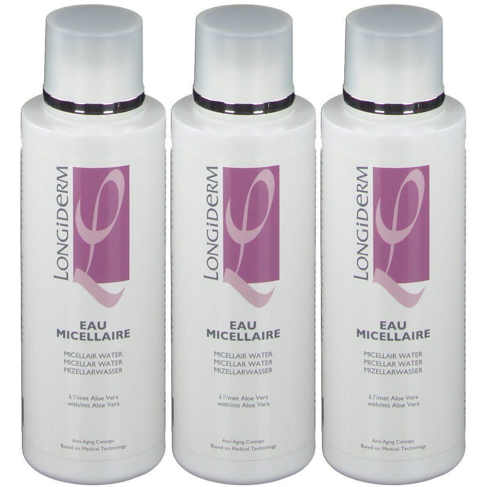 Drie flessen Longiderm Eau Micellaire met anti-aging formule.