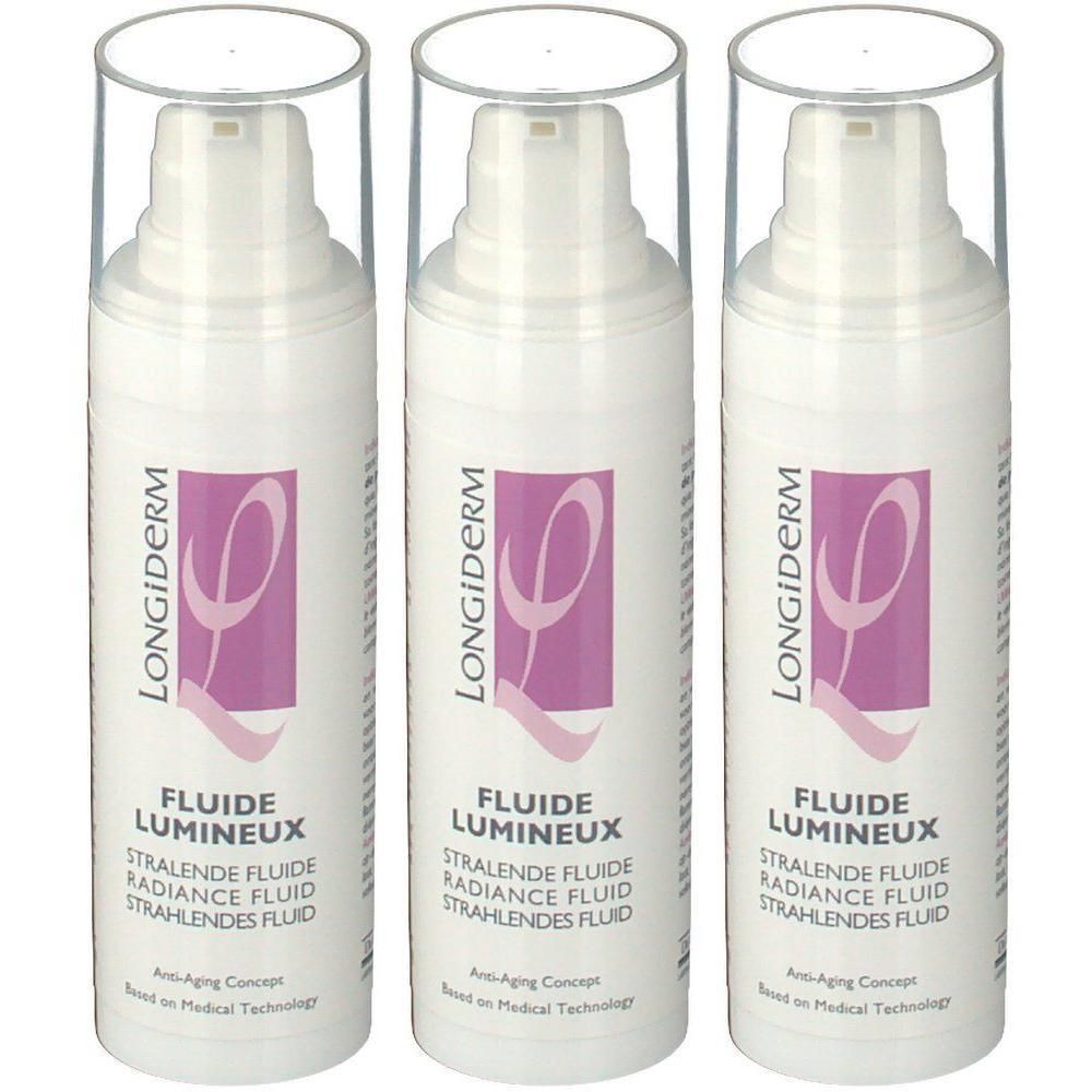 Trois flacons de Longiderm Anti-Age Fluide Rayonnante avec pompes et capuchons transparents.