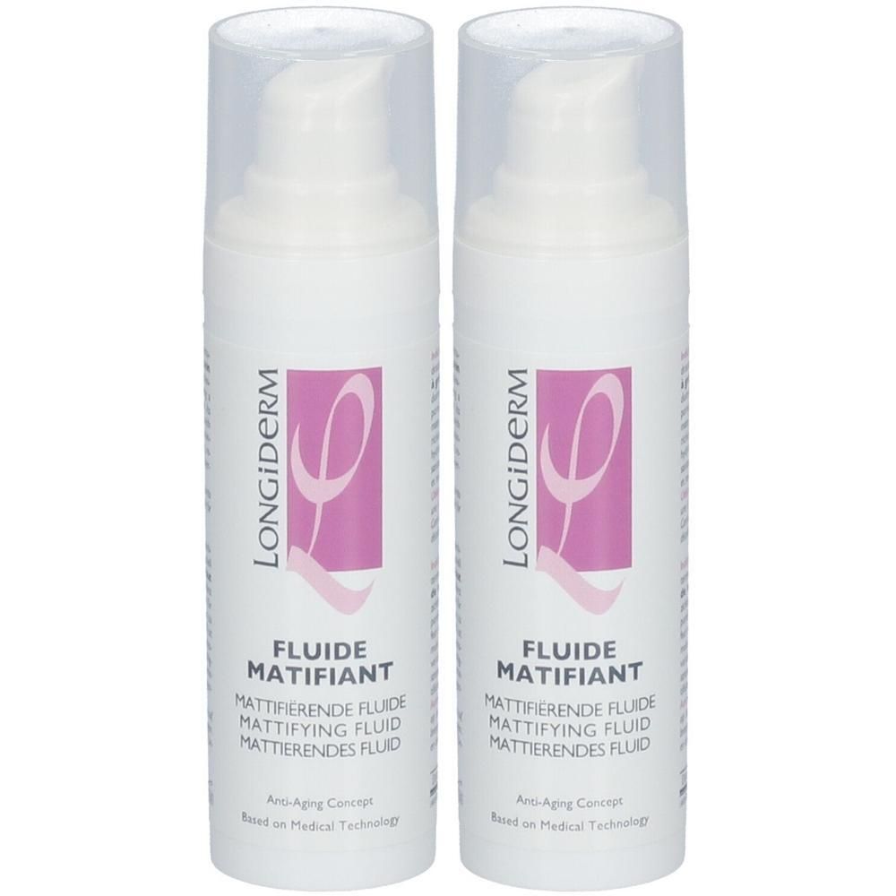 Deux flacons pompe blancs de LongiDerm Fluide Matifiant. Logo et texte roses sur l'étiquette.