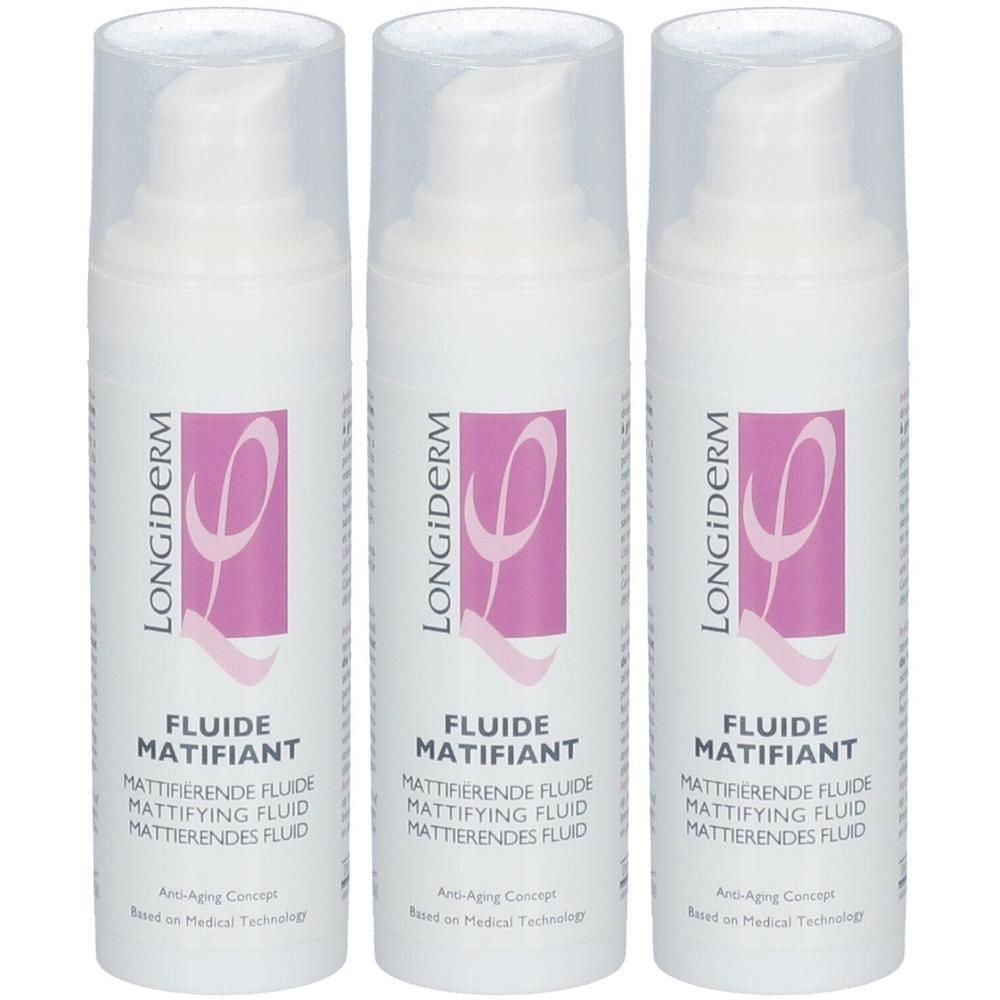 Drie flacons LongiDerm Anti-Age Fluide Matifiant met pompdoseerders en doorzichtige dopjes.