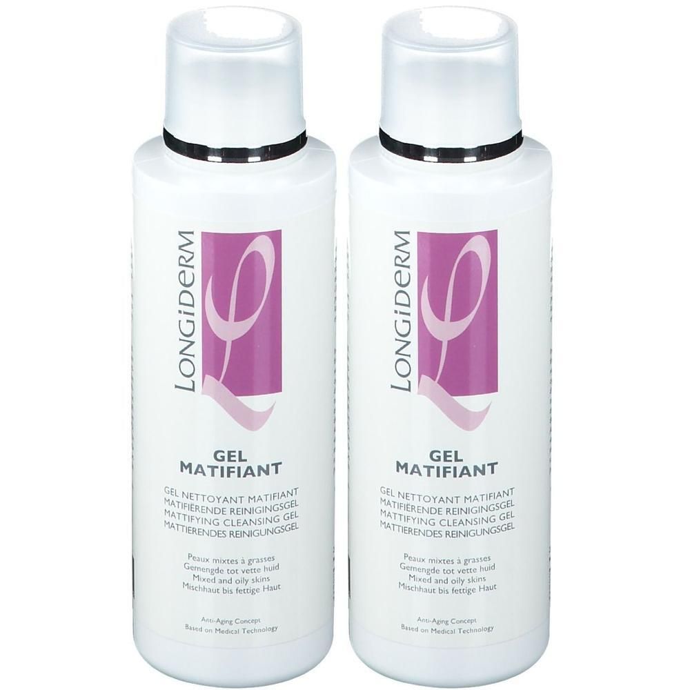 Deux flacons de LongiDerm Gel Matifiant, gel nettoyant matifiant.