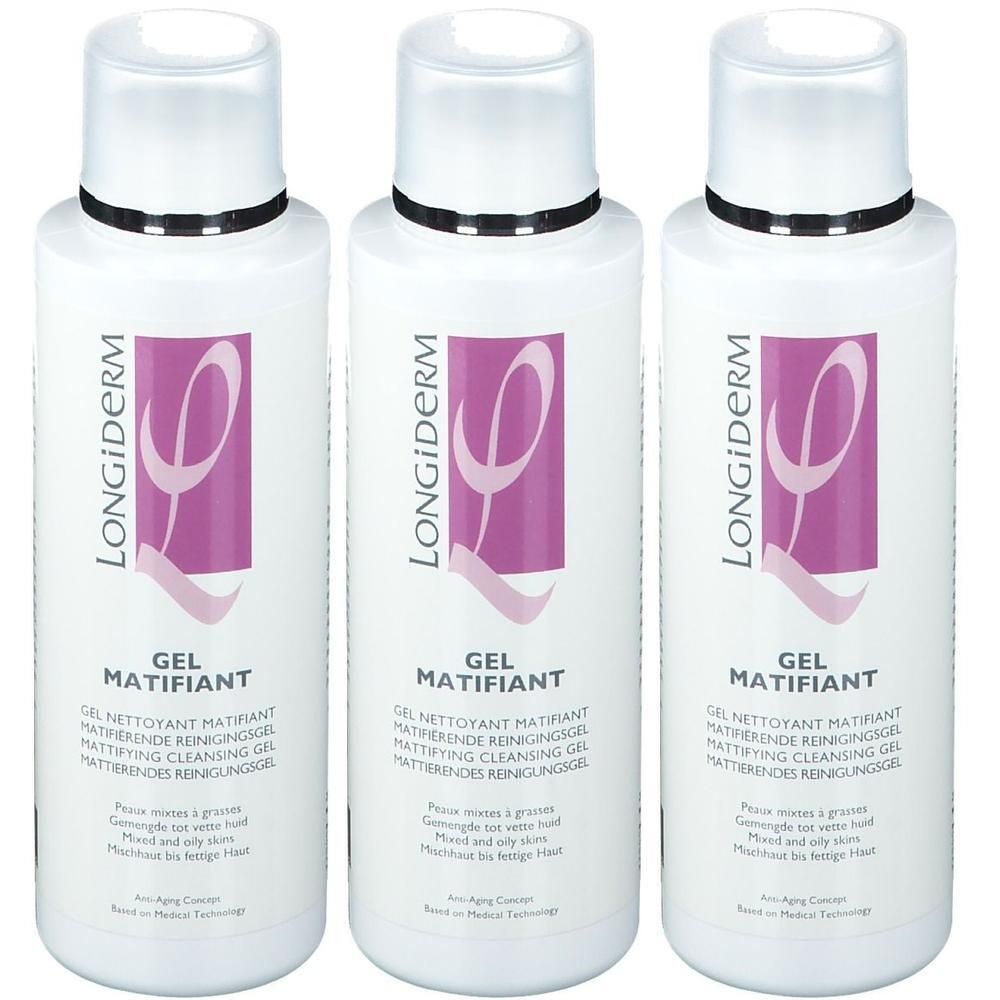 Trois flacons blancs de Gel Nettoyant Matifiant LongiDerm. Logo violet sur l'étiquette.