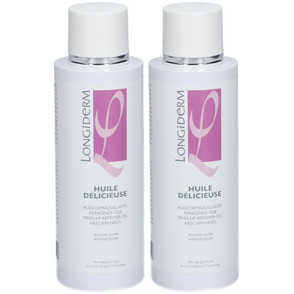 Twee flessen LongiDerm Make-up Remover Oil met jojoba-olie.