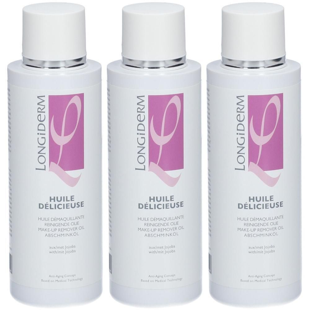 Drie flessen LongiDerm Make-up Remover Olie met witte dop en zilveren ring. Paars logo op het etiket.