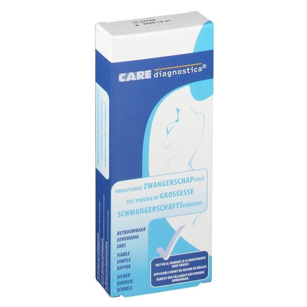 Emballage du test de grossesse CARE diagnostica® avec illustration d'une femme enceinte. Informations produit multilingues.
