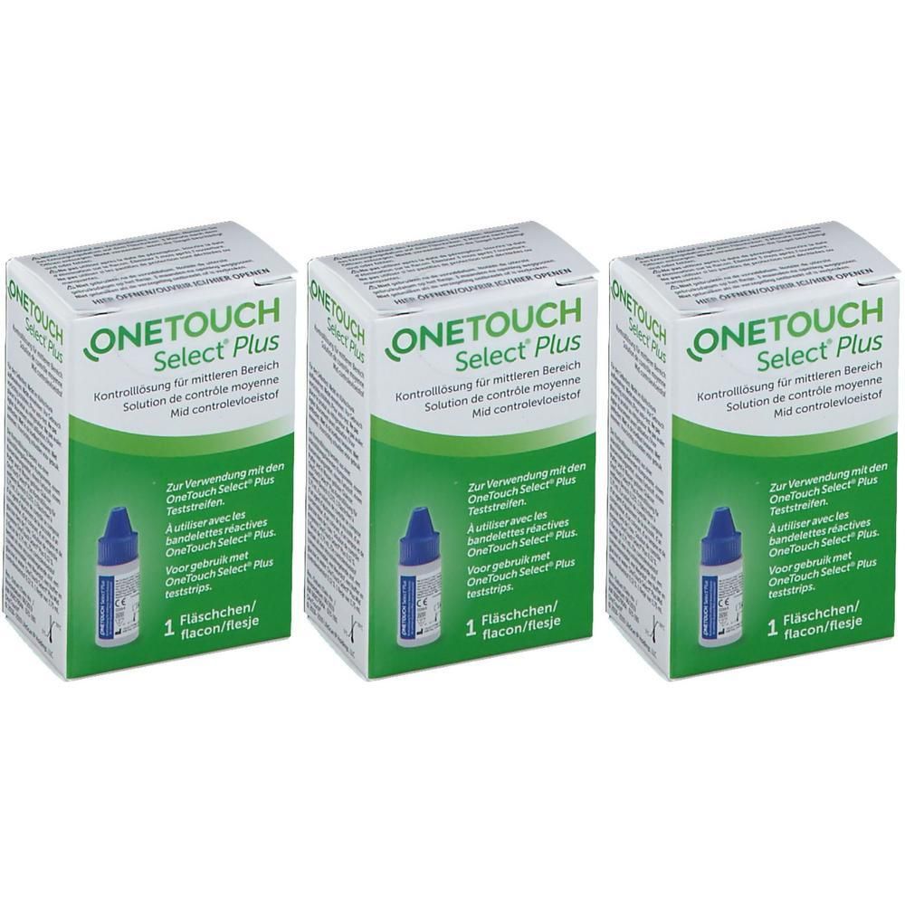 Drie pakken OneTouch Select Plus controleoplossing. Elk pak bevat één flesje.