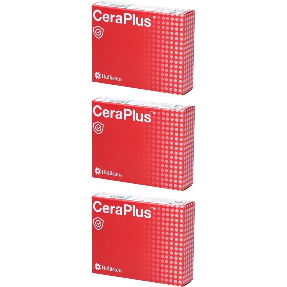 Trois boîtes rouges avec CeraPlus et logo Hollister.