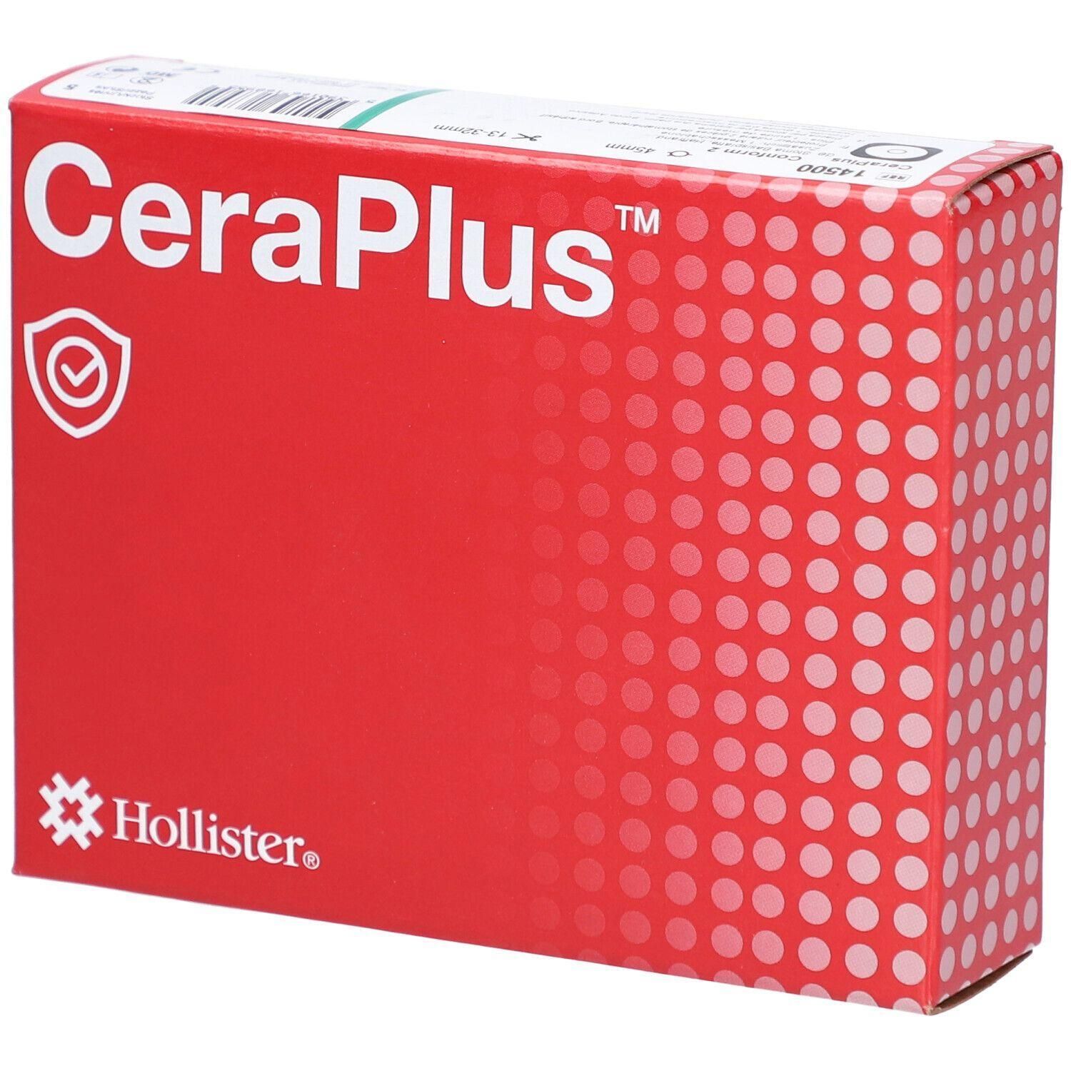 Plaque de protection cutanée Hollister CeraPlus avec motif circulaire sur carton rouge.