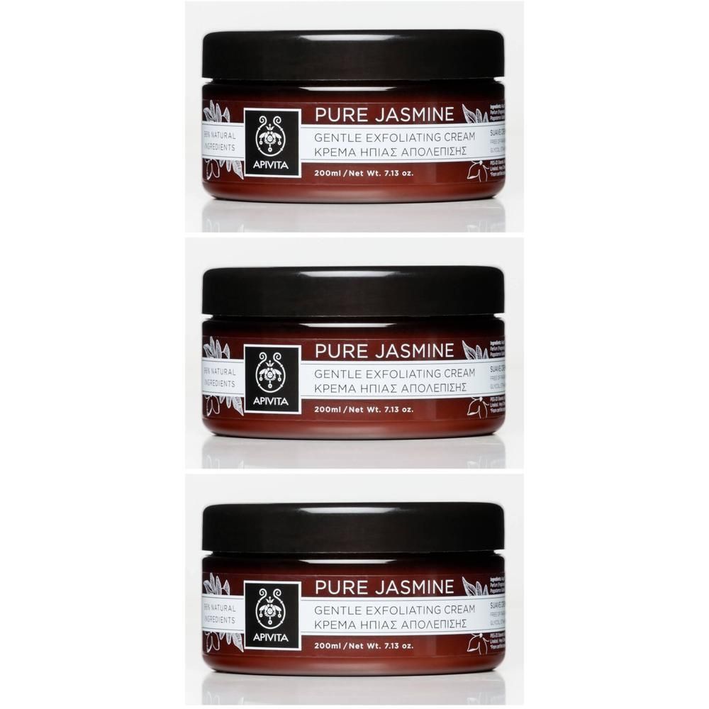 Trois pots de crème exfoliante douce Apivita Pure Jasmine, 200ml.