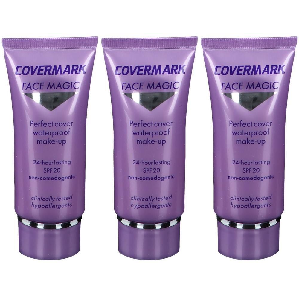 Drie tubes Covermark Face Magic Make-up met SPF 20. Waterproof, 24 uur houdbaar, non-comedogeen, klinisch getest, hypoallergeen.