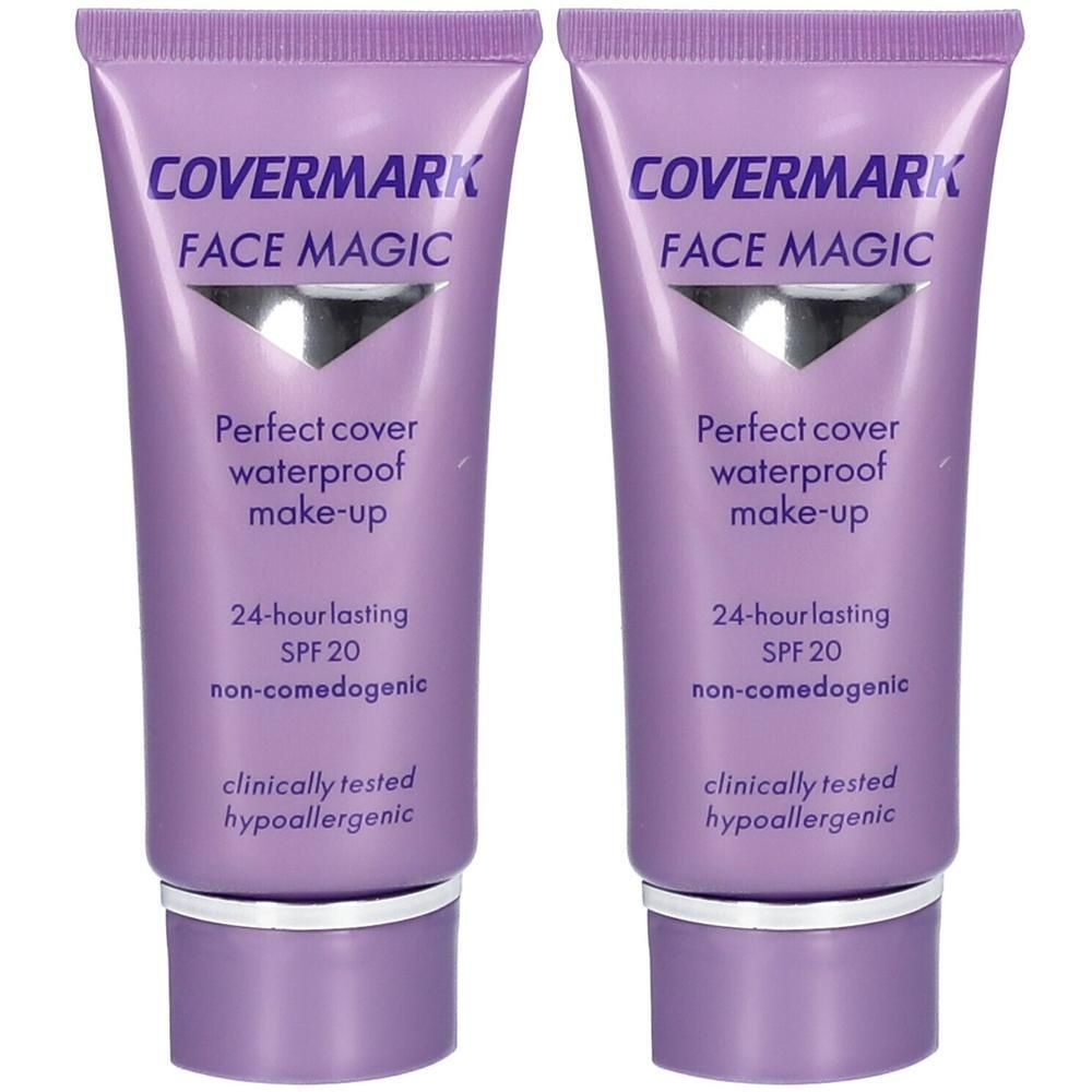 Twee paarse tubes Covermark Face Magic make-up met SPF 20. Waterproof, 24 uur houdbaar, non-comedogeen, hypoallergeen.
