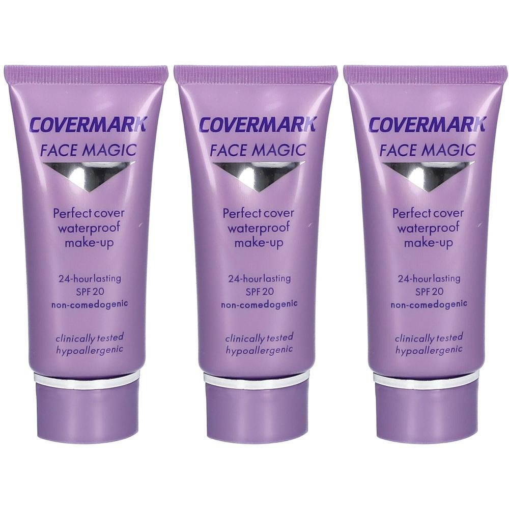 Trois tubes de Covermark Face Magic, maquillage waterproof 24h, SPF 20, non comédogène.