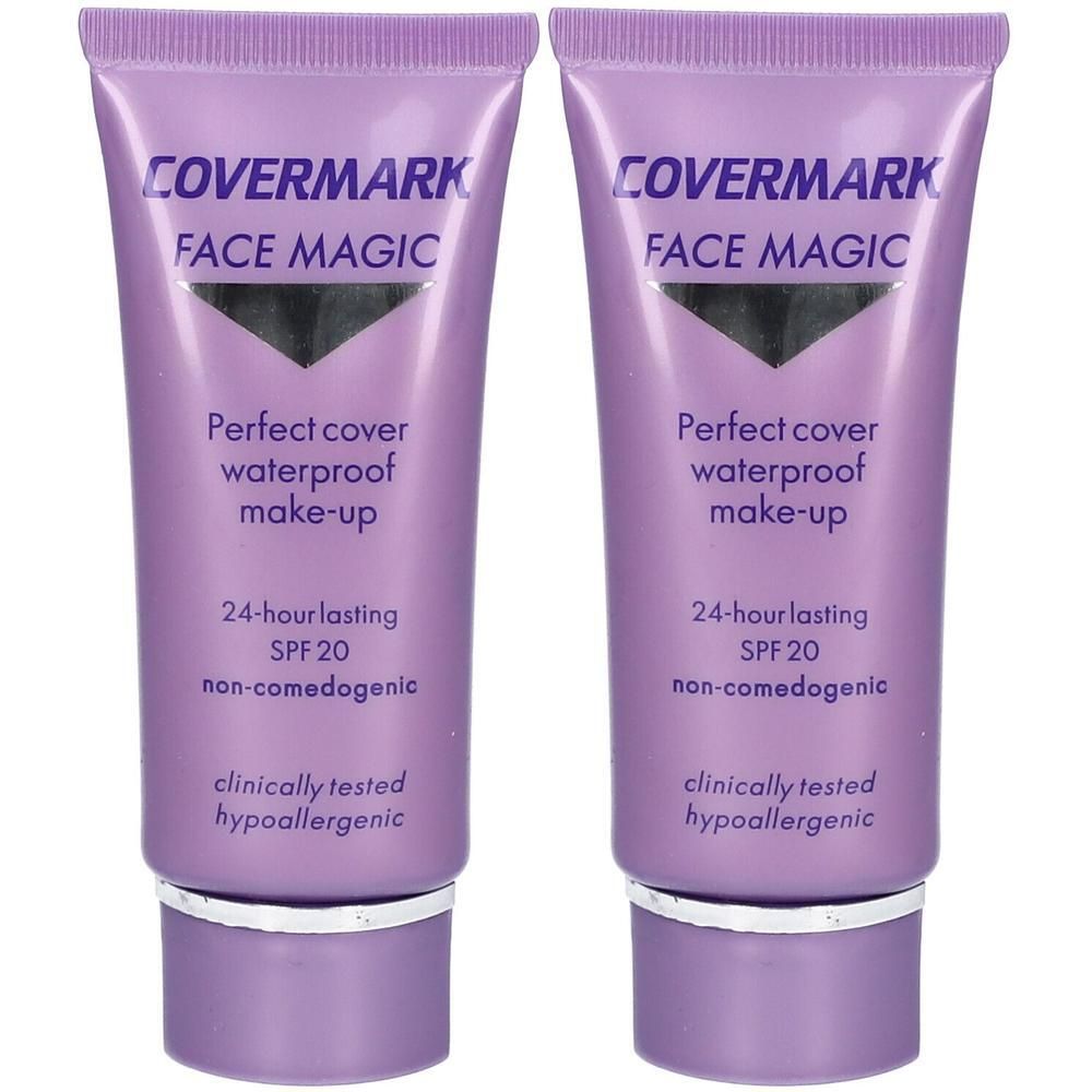 Twee paarse tubes Covermark Face Magic make-up met SPF 20. Perfecte dekking, waterproof, 24 uur houdbaar, non-comedogeen, hypoallergeen.