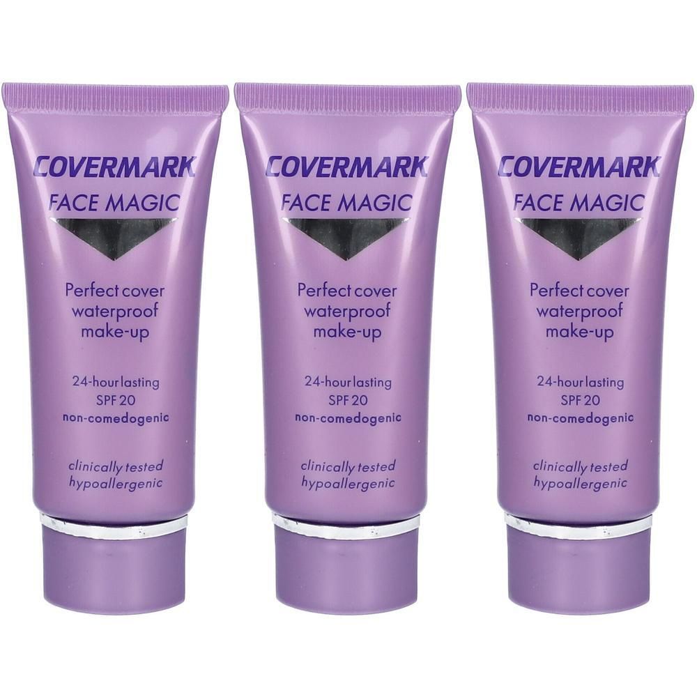 Trois tubes de Covermark Face Magic, maquillage 24h, SPF 20, waterproof, non comédogène, hypoallergénique.
