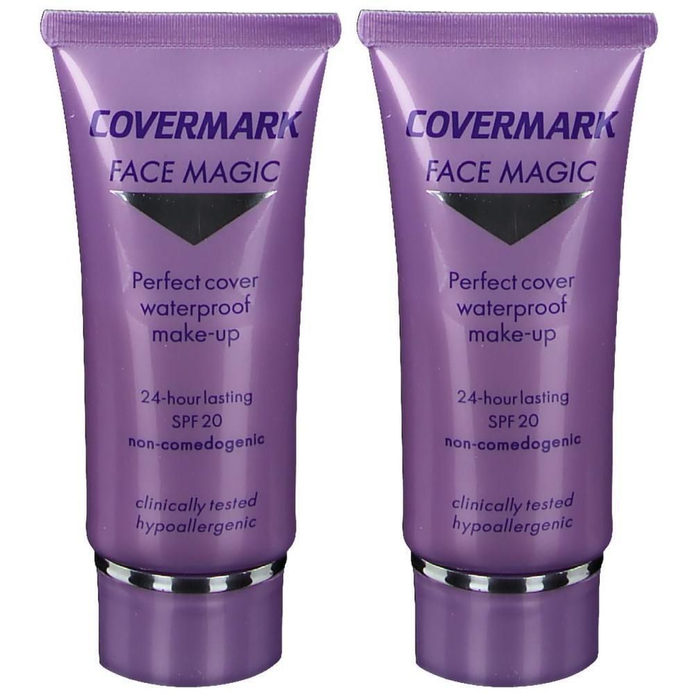 Twee paarse tubes Covermark Face Magic make-up, waterproof, SPF 20.