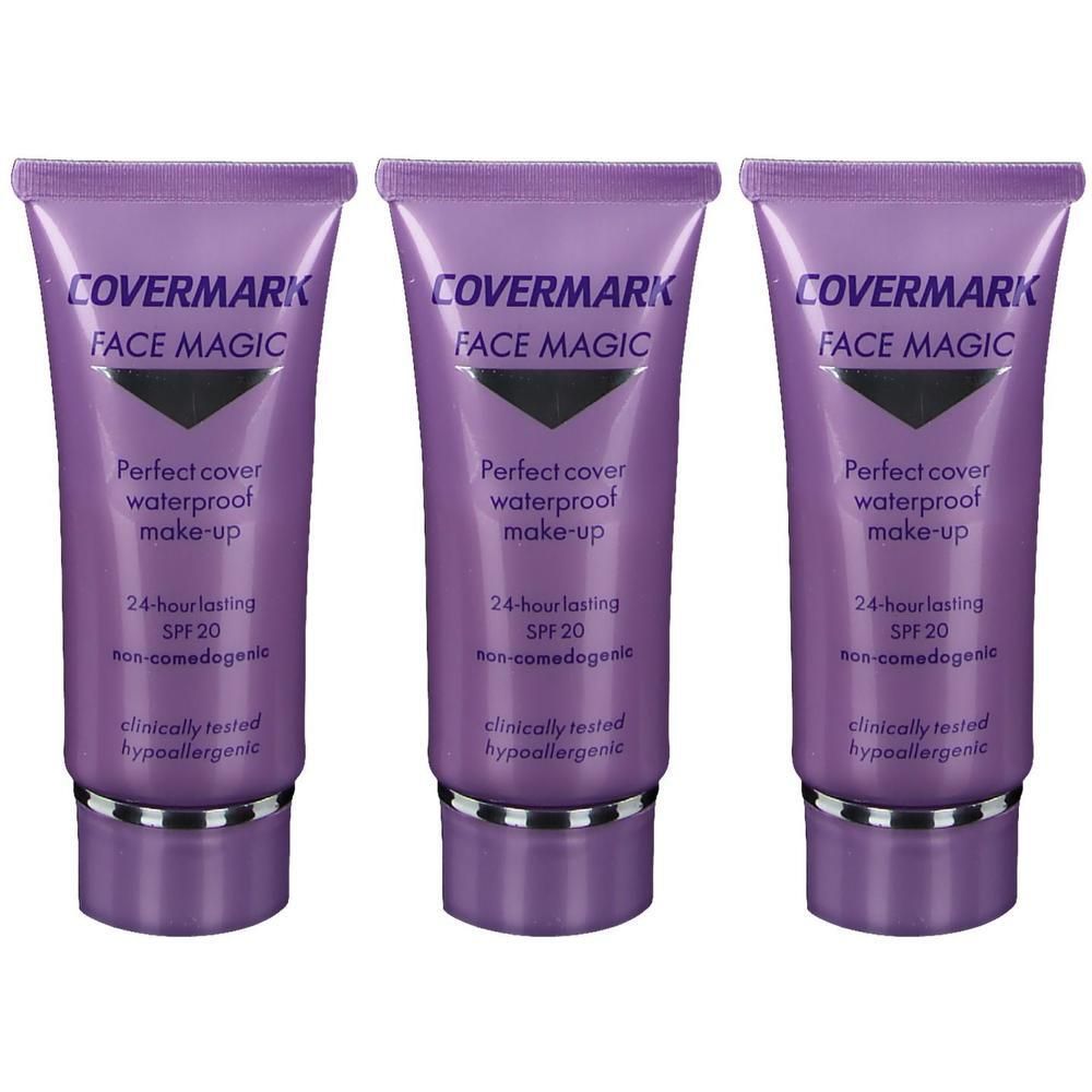 Drie paarse tubes Covermark Face Magic make-up met SPF 20.