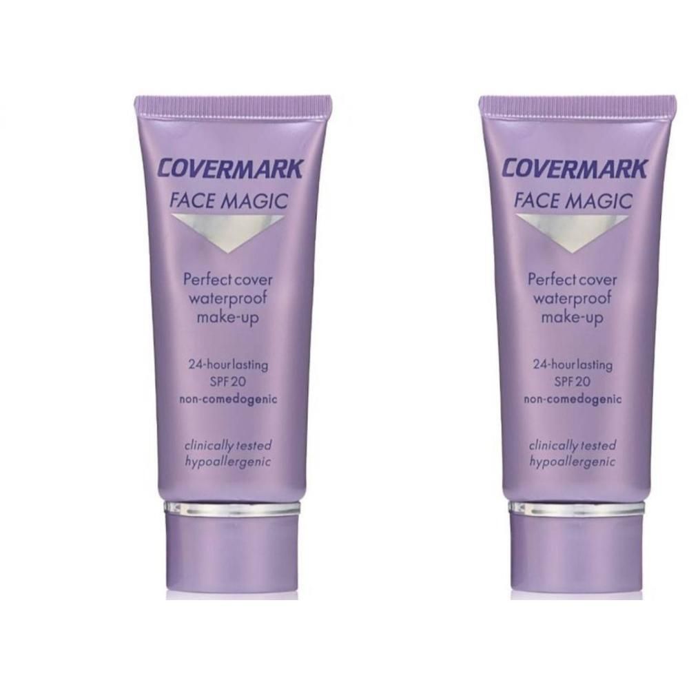 Twee paarse tubes Covermark Face Magic make-up met zilveren dop. 24 uur houdbaar, SPF 20, non-comedogeen.