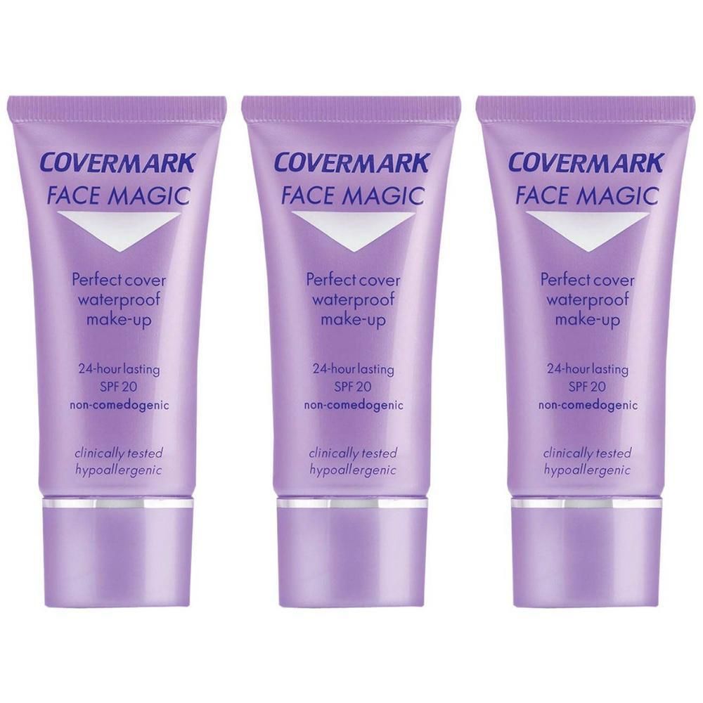 Drie tubes Covermark Face Magic Make-up met SPF 20. Waterproof, 24 uur houdbaar, non-comedogeen.