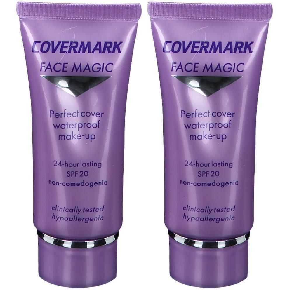 Deux tubes violets de Covermark Face Magic Maquillage avec FPS 20. Waterproof, tenue 24h, non comédogène, testé cliniquement.