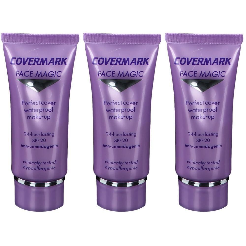 Drie tubes Covermark Face Magic make-up met SPF 20, 24 uur houdbaar, waterproof en hypoallergeen.