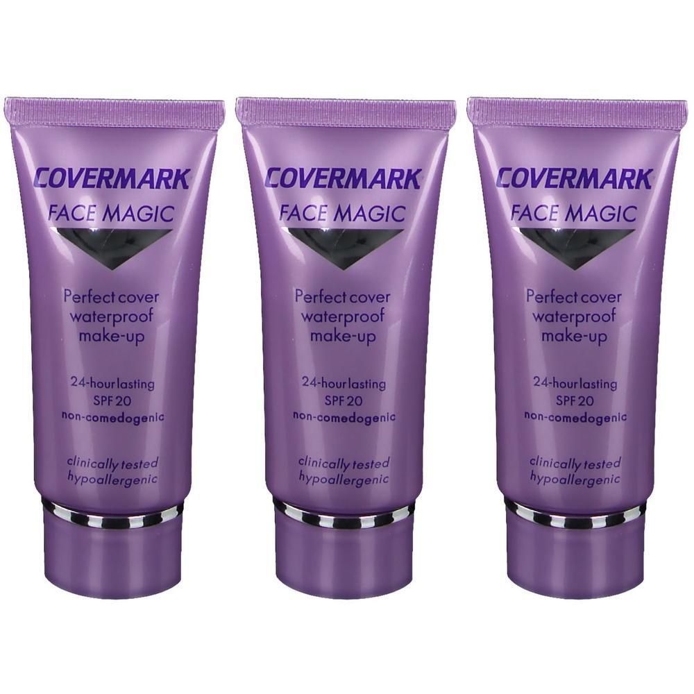 Trois tubes violets de Covermark Face Magic Maquillage SPF 20. Waterproof, tenue 24h, non comédogène, testé cliniquement.