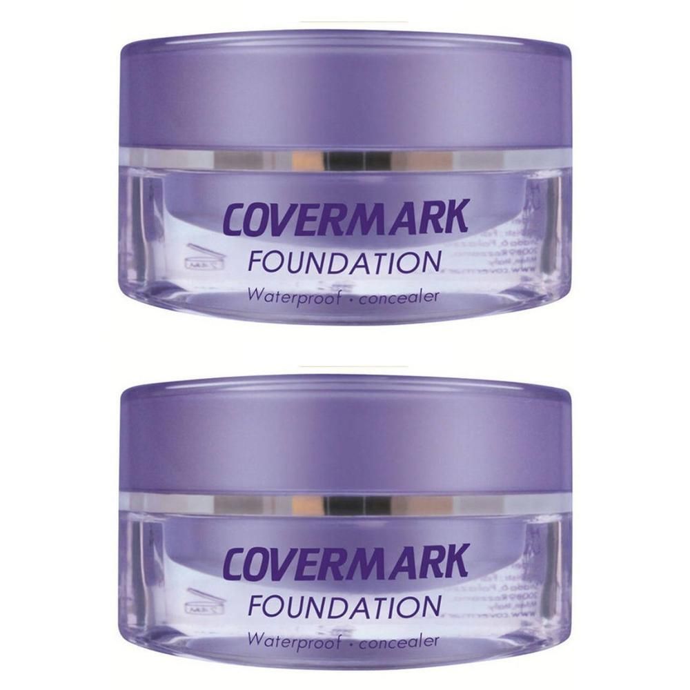 Twee potjes Covermark Foundation, paars deksel, transparante behuizing, waterproof concealer.