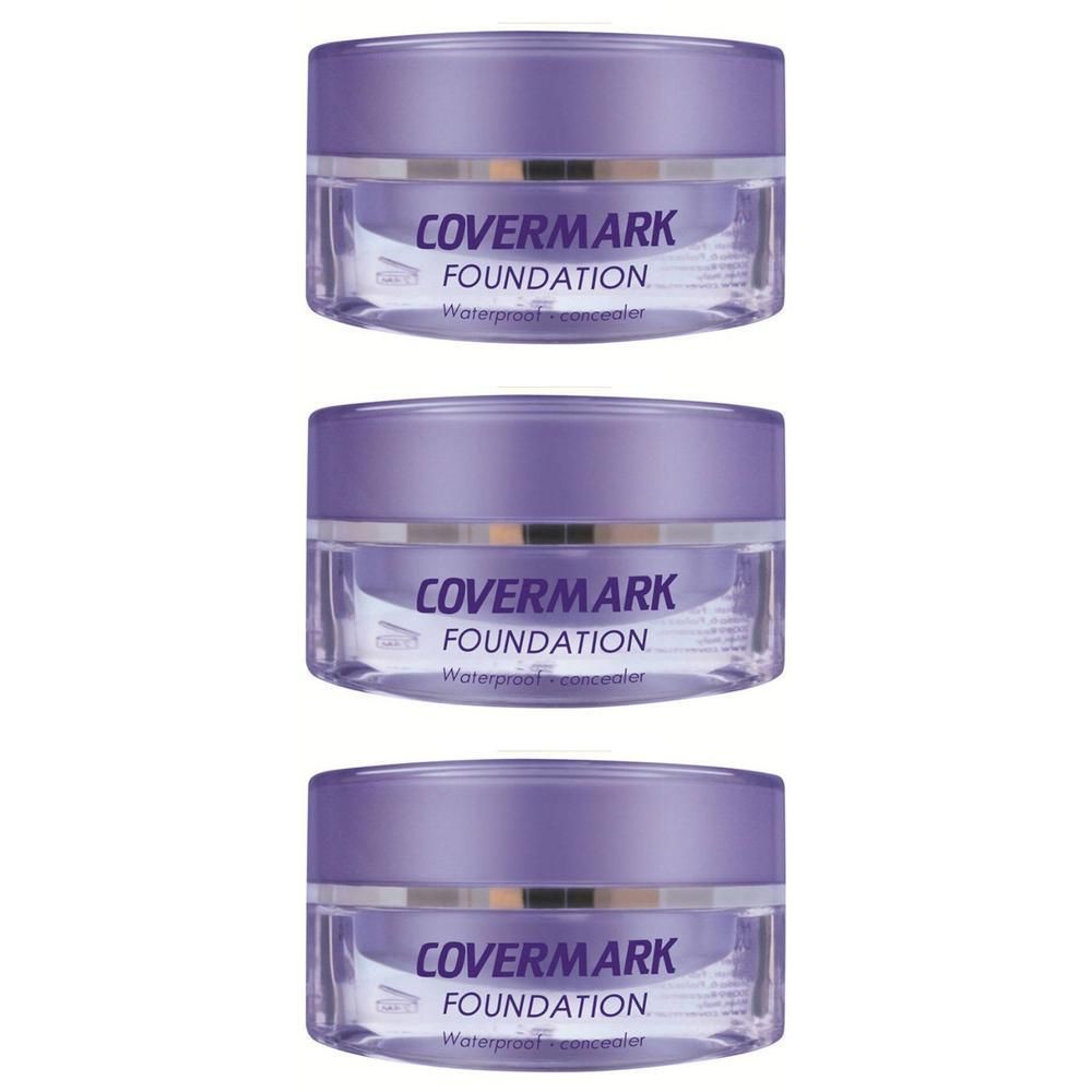 Trois pots de Covermark Foundation Waterproof Concealer avec couvercle violet.
