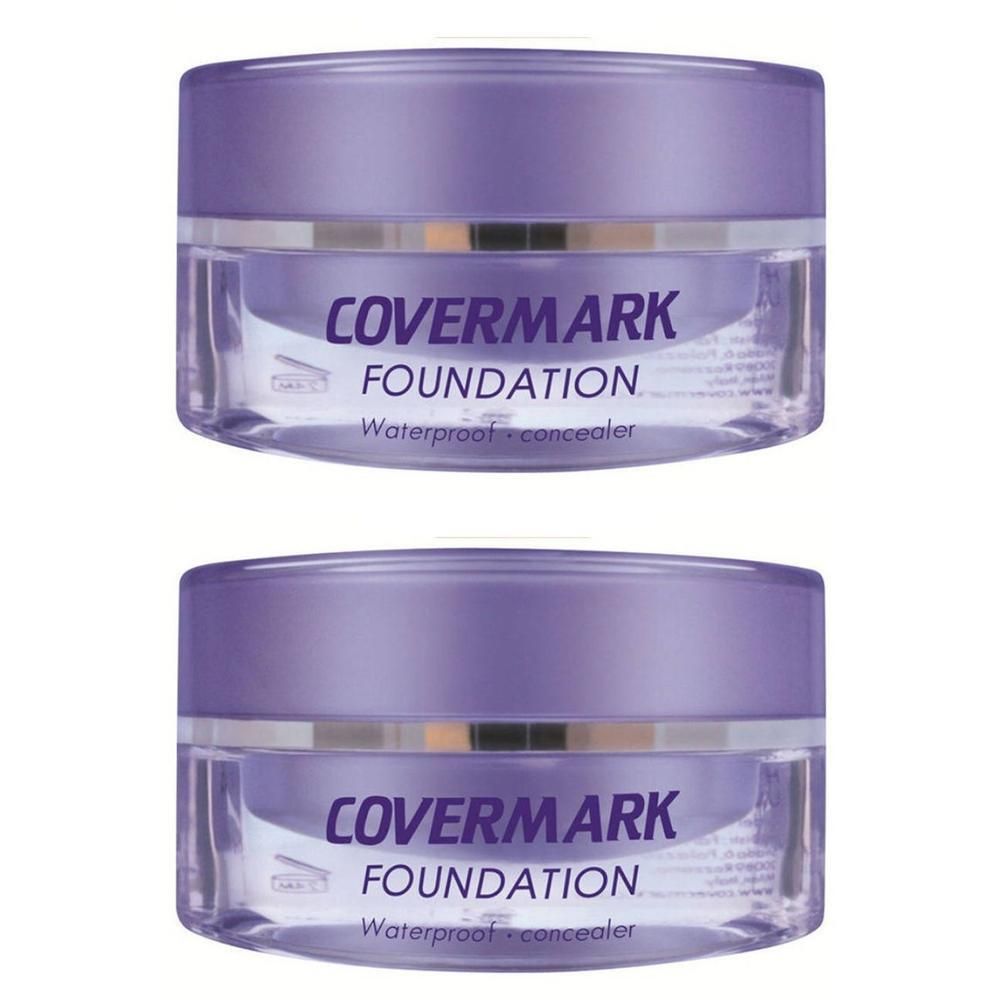 Twee potjes Covermark Foundation, paarse deksels, transparante behuizing, waterdicht, concealer.