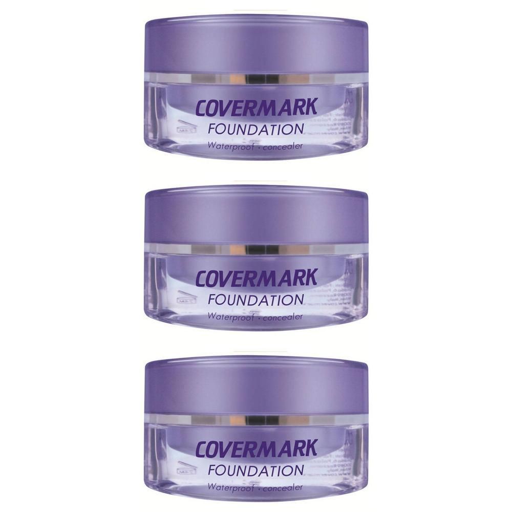 Drie potjes Covermark Foundation met paarse deksels.
