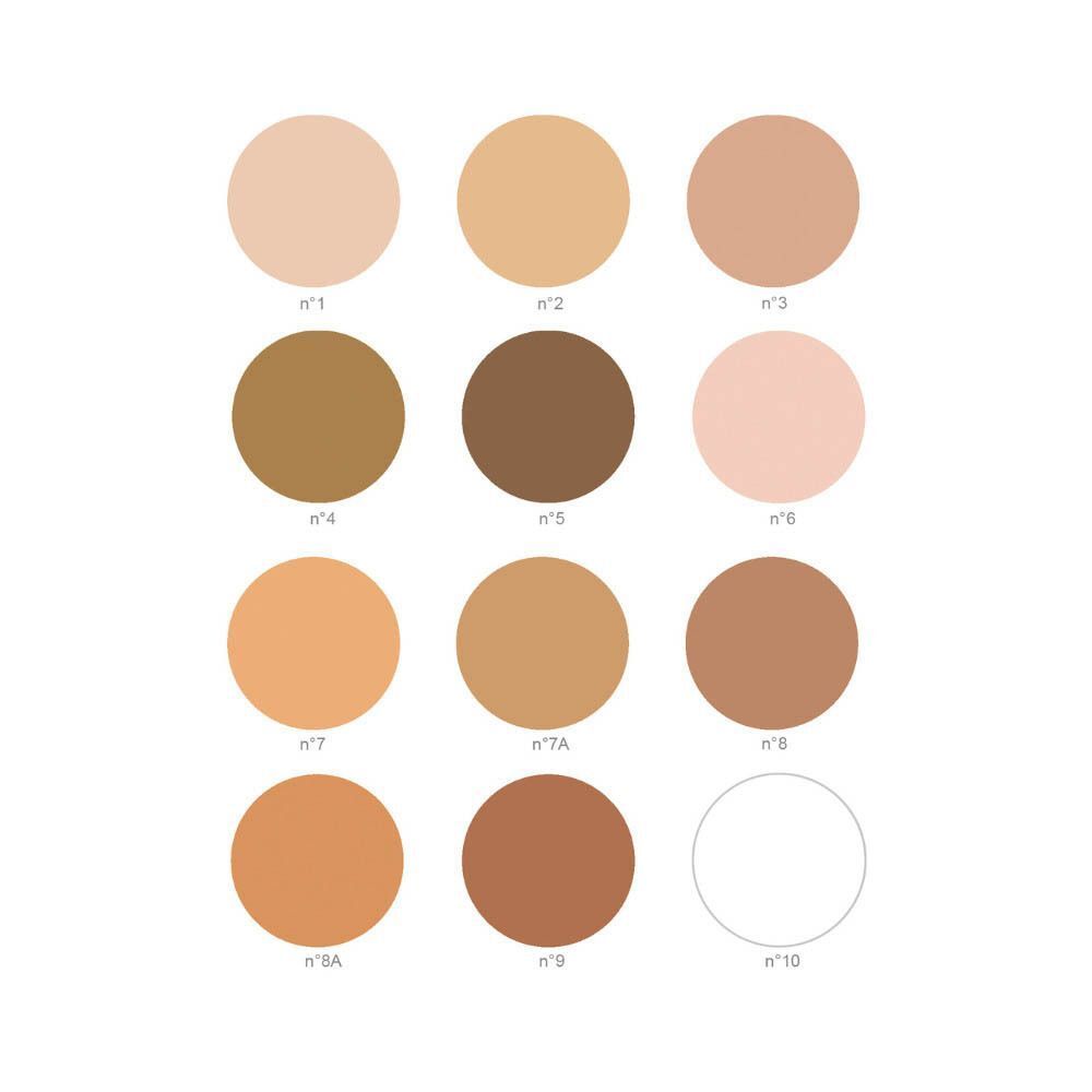 Onze échantillons de couleur de Covermark Foundation, numérotés de 1 à 10, avec un échantillon blanc.