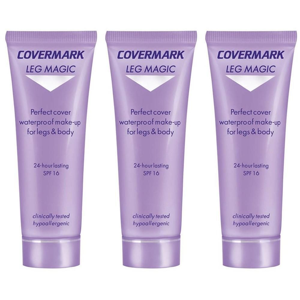Drie paarse tubes Covermark Leg Magic met waterdichte make-up voor benen en lichaam, SPF 16.