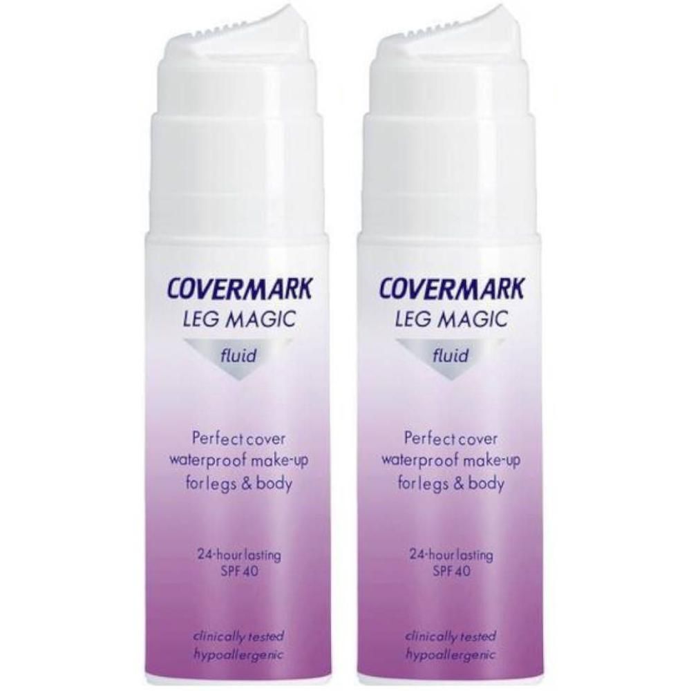 Twee witte flacons Covermark Leg Magic Fluid SPF40 met paarse gradiënt. Perfecte dekking, waterdicht.