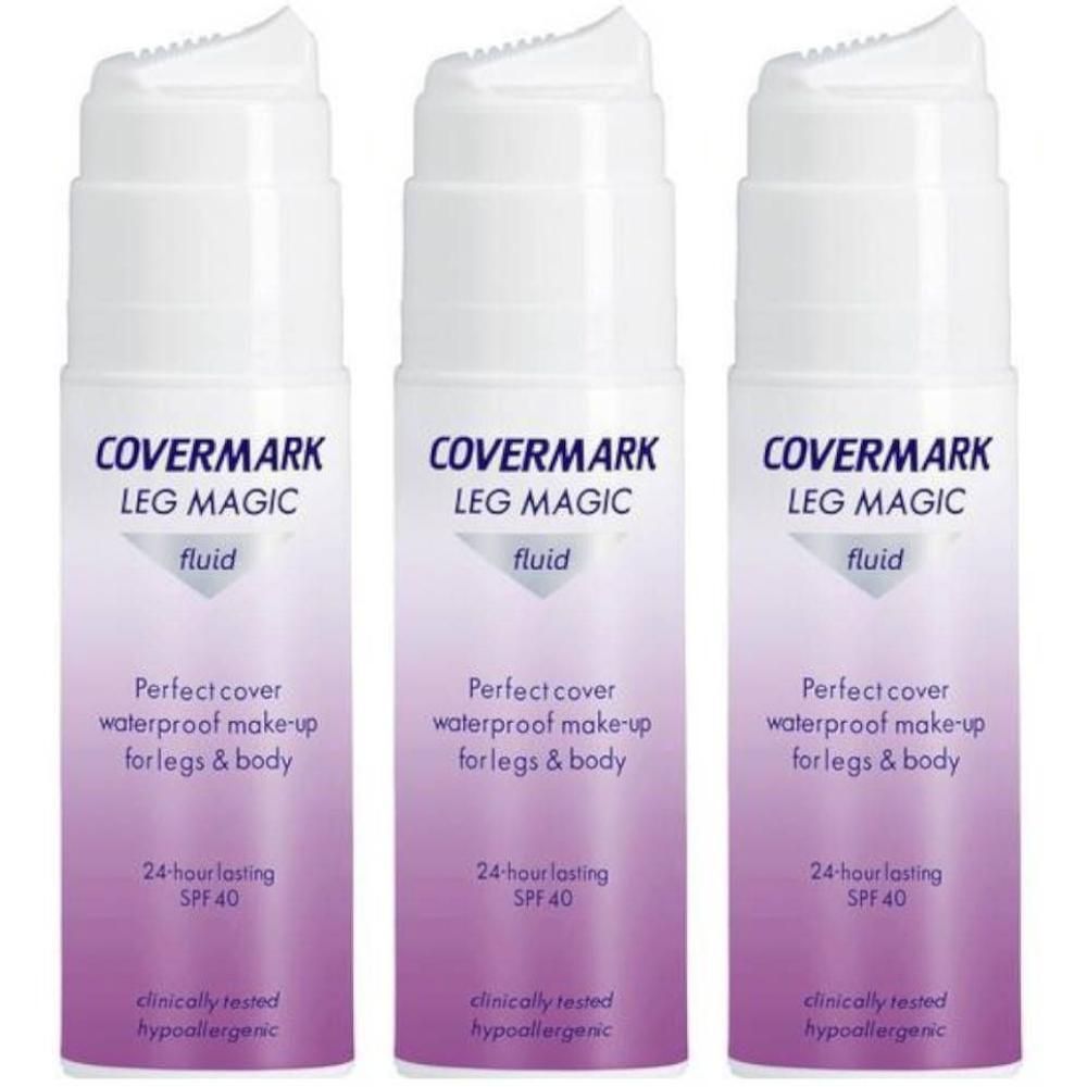 Drie flacons Covermark Leg Magic Fluid SPF 40, waterdichte make-up voor benen en lichaam.